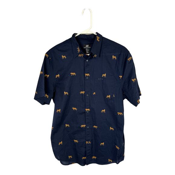 H&M Short Sleeve Shirt Medium Mens Blue 21" Chest Designer Animal Leopard - Picture 2 of 6
